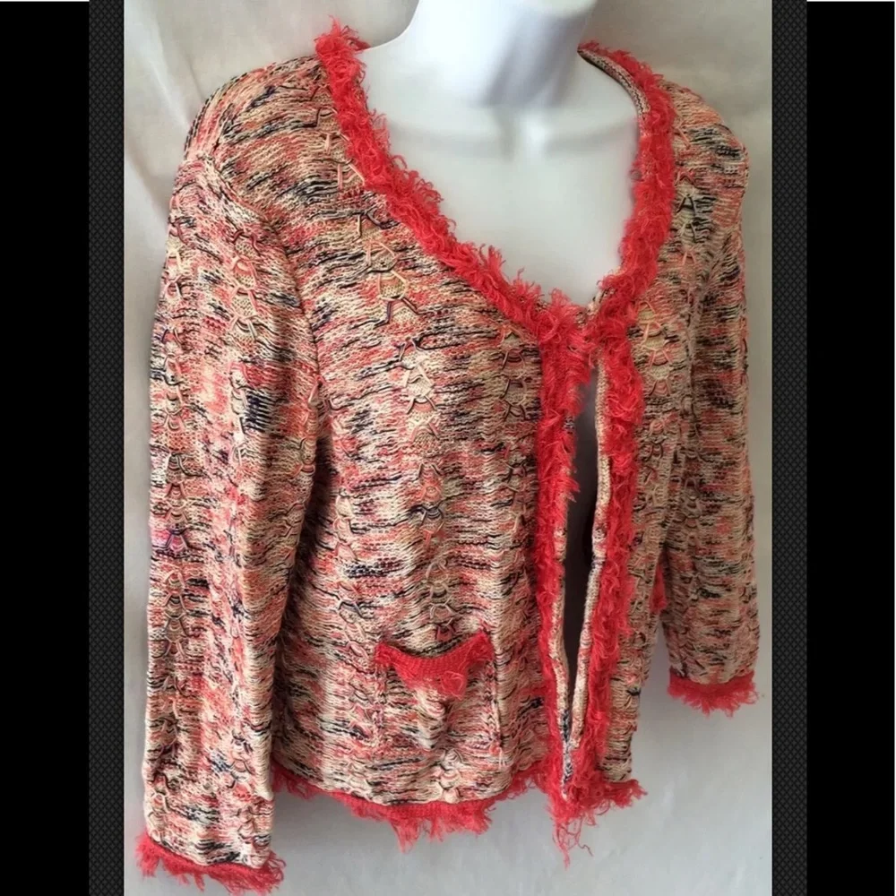 NIC & ZOE Sweater Linen Fringe Cardigan Sweater Petite Orany Red Large